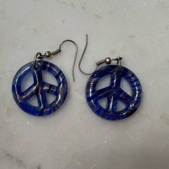 Blue Glass Peace Sign Earrings - Picture 3 of 6